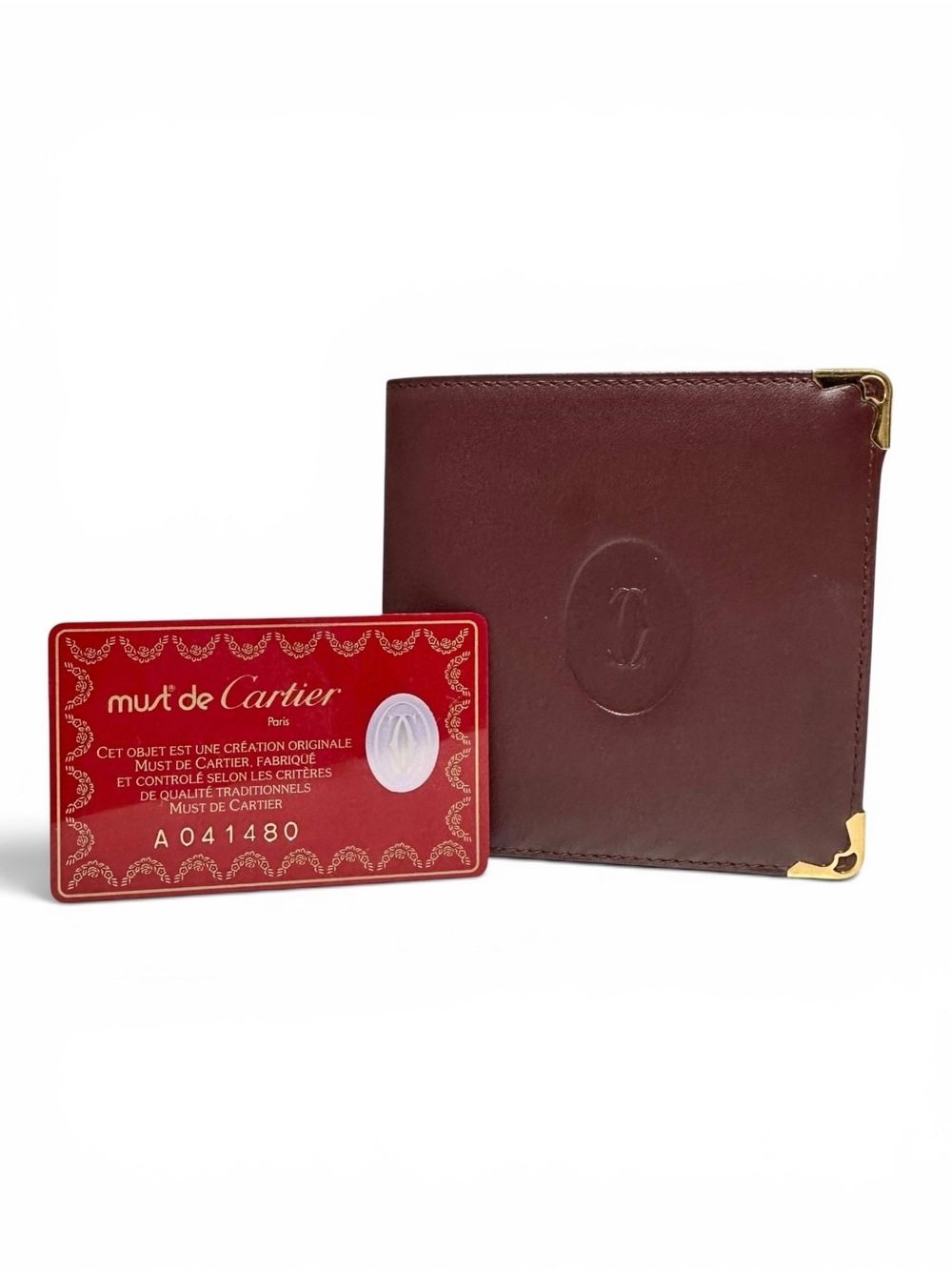 Cartier Bordeaux Burgundy Embossed Leather & Gold Bifold Wallet